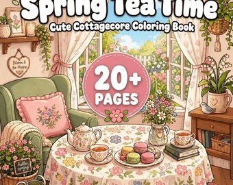 Mais de 20 páginas para colorir imprimíveis no estilo Cottagecore para adultos, incluindo um aconchegante chá da tarde floral para imprimir, disponível para download imediato.