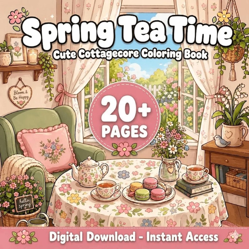 May include: A coloring book cover titled Spring Tea Time Cute Cottagecore Coloring Book with 20+ Pages. The illustration shows a green armchair, a round table with a floral tablecloth, a teapot, teacups, macarons, and flowers. Digital Download - Instant Access.