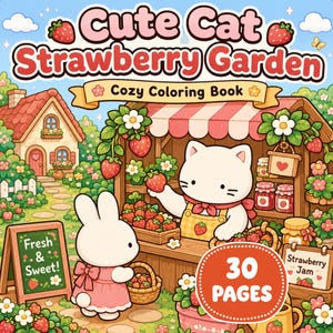 Puede incluir: Un libro para colorear titulado Cute Cat Strawberry Garden que muestra un gato blanco con delantal amarillo vendiendo fresas, un conejo blanco con una cesta, una casa pequeña y letreros que dicen Fresh & Sweet y Strawberry Jam.