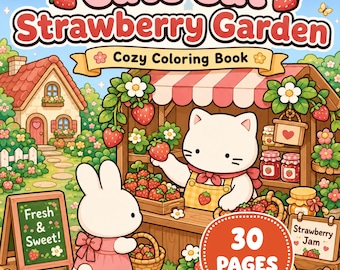 Printable Cottagecore Cat Strawberry Garden Coloring Book, Kawaii Pages for Adults Kids, Instant Download