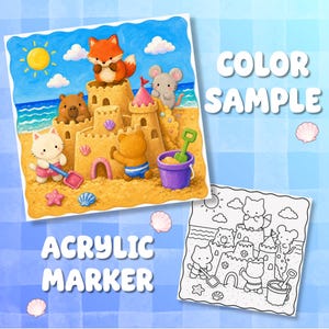 May include: A digital illustration and a black and white line art version featuring a fox, mouse, cat, and bear playing with a sandcastle on a beach. The text COLOR SAMPLE and ACRYLIC MARKER are visible. The scene includes a sun, clouds, and ocean.