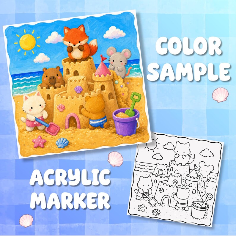 May include: A digital illustration and a black and white line art version featuring a fox, mouse, cat, and bear playing with a sandcastle on a beach. The text COLOR SAMPLE and ACRYLIC MARKER are visible. The scene includes a sun, clouds, and ocean.
