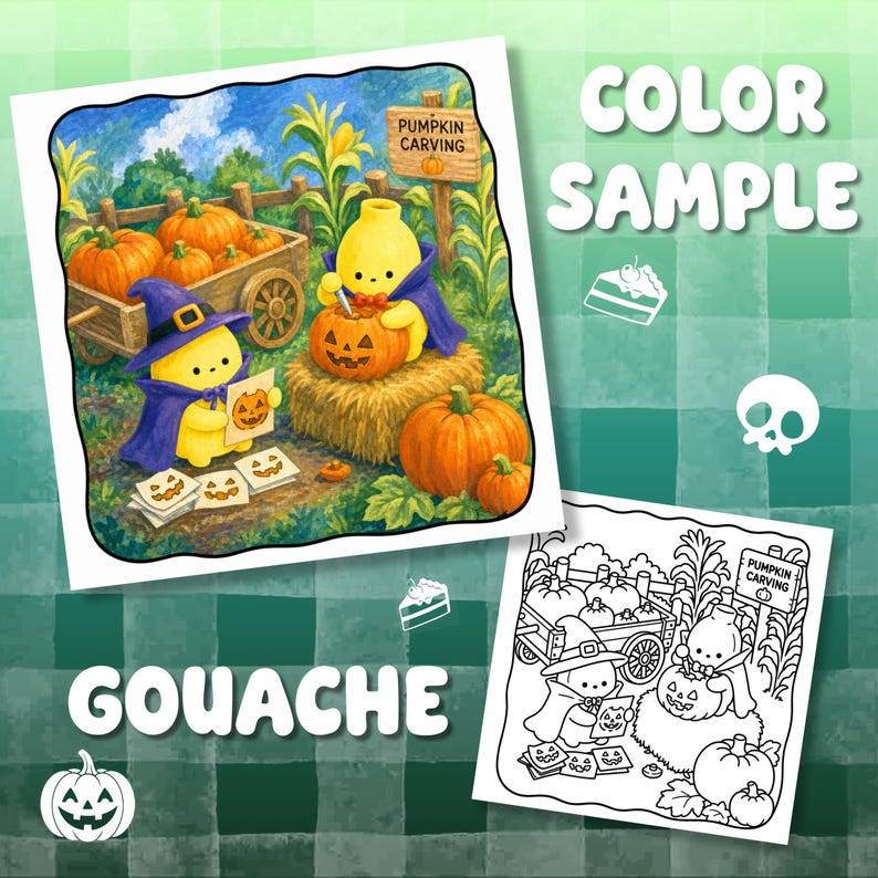 May include: A digital illustration featuring two yellow creatures in purple capes carving pumpkins in a field. One wears a witch hat and holds a paper with a jack-o'-lantern face. A wooden sign reads PUMPKIN CARVING. A black and white line art version is included.