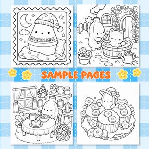 以下が含まれることがあります： バナナミルクのキャラクターが描かれた4枚の白黒塗り絵ページ。左上はキャラクターが眠っている様子、右上は猫を洗っている様子、左下は朝食を食べている様子、右下はバナナマフィンに囲まれている様子が描かれています。