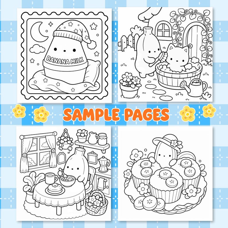 以下が含まれることがあります： バナナミルクのキャラクターが描かれた4枚の白黒塗り絵ページ。左上はキャラクターが眠っている様子、右上は猫を洗っている様子、左下は朝食を食べている様子、右下はバナナマフィンに囲まれている様子が描かれています。