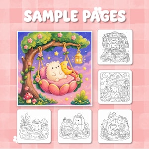 May include: A colouring book page set featuring a large, colourful illustration of a white hedgehog on a flower swing under a tree, alongside five black and white line art pages showing hedgehogs in various settings like a bakery and a cave.