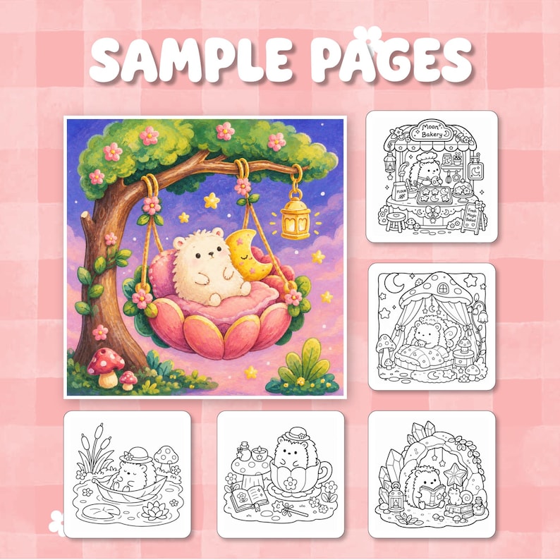 May include: A colouring book page set featuring a large, colourful illustration of a white hedgehog on a flower swing under a tree, alongside five black and white line art pages showing hedgehogs in various settings like a bakery and a cave.