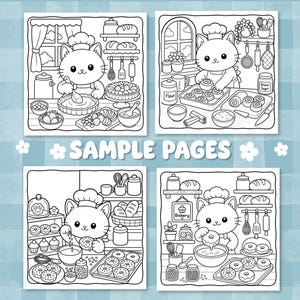 May include: Four black and white coloring book pages featuring cartoon cats wearing chef hats in kitchens. The scenes show cats baking pies, cinnamon rolls, donuts, and cupcakes with various kitchen tools, ingredients, and text reading SAMPLE PAGES.