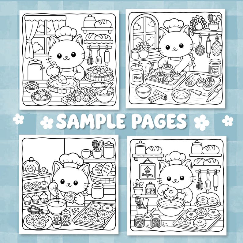 May include: Four black and white coloring book pages featuring cartoon cats wearing chef hats in kitchens. The scenes show cats baking pies, cinnamon rolls, donuts, and cupcakes with various kitchen tools, ingredients, and text reading SAMPLE PAGES.