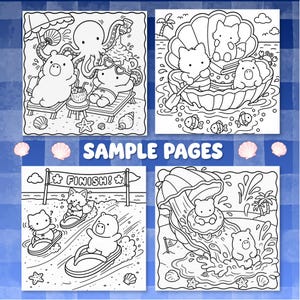 May include: Four black and white colouring book pages featuring cartoon animals at the beach. Scenes include an octopus serving drinks to bears, animals in a giant seashell boat, a race to a finish line, and bears on a water slide.