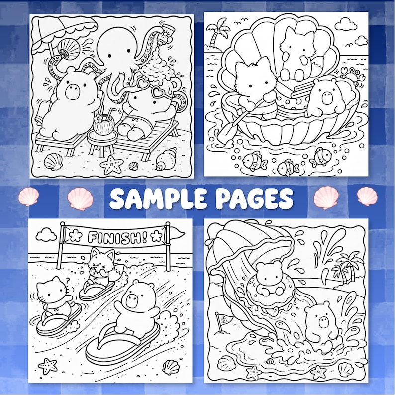 May include: Four black and white colouring book pages featuring cartoon animals at the beach. Scenes include an octopus serving drinks to bears, animals in a giant seashell boat, a race to a finish line, and bears on a water slide.