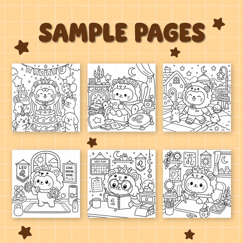 May include: A collection of six black and white coloring pages featuring a cartoon lion character in various scenes. The pages include the text "SAMPLE PAGES" and other text such as "LEO" and "LEAD INSPIRE SHINE". The lion is depicted with a crown and in different settings.