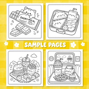 May include: Four black and white coloring book pages featuring cute cat-themed illustrations. The pages show a cat with a Dairy Milk chocolate bar, a cat-shaped lunchbox, a cat-themed picnic with food, and a cat at a diner with a milkshake.
