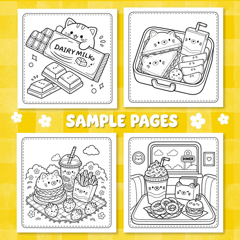 May include: Four black and white coloring book pages featuring cute cat-themed illustrations. The pages show a cat with a Dairy Milk chocolate bar, a cat-shaped lunchbox, a cat-themed picnic with food, and a cat at a diner with a milkshake.