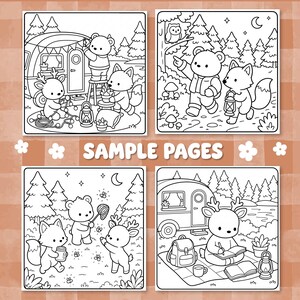 Puede incluir: Cuatro p&aacute;ginas para colorear en blanco y negro con animales de dibujos animados en la naturaleza. Las ilustraciones muestran osos, zorros y ciervos acampando, caminando y explorando. El texto SAMPLE PAGES est&aacute; centrado entre las im&aacute;genes.