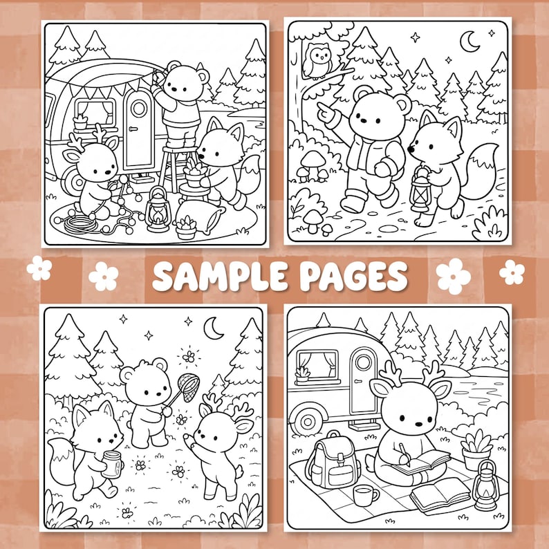 Puede incluir: Cuatro p&aacute;ginas para colorear en blanco y negro con animales de dibujos animados en la naturaleza. Las ilustraciones muestran osos, zorros y ciervos acampando, caminando y explorando. El texto SAMPLE PAGES est&aacute; centrado entre las im&aacute;genes.
