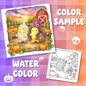 May include: A digital illustration featuring a yellow character dressed as a mummy and another as a purple octopus standing near a red barn and pumpkins. The text reads COLOR SAMPLE and WATER COLOR. A black and white line art version is also included.