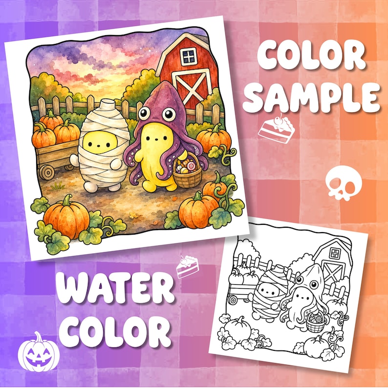 May include: A digital illustration featuring a yellow character dressed as a mummy and another as a purple octopus standing near a red barn and pumpkins. The text reads COLOR SAMPLE and WATER COLOR. A black and white line art version is also included.