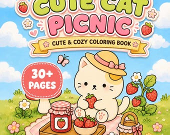 30 páginas para colorir imprimíveis com um piquenique aconchegante de gatos e morangos em estilo cottagecore. Livro de colorir fácil e vibrante.