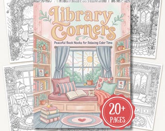 Livro de colorir para imprimir com tema de biblioteca aconchegante, páginas para cantinho de leitura em estilo cottagecore, cenas relaxantes de sala de leitura.