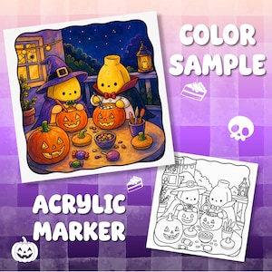 May include: A color sample and a black and white line art illustration featuring two yellow banana characters dressed in Halloween costumes, carving pumpkins on a table with candy, set against a night sky background with the text COLOR SAMPLE.