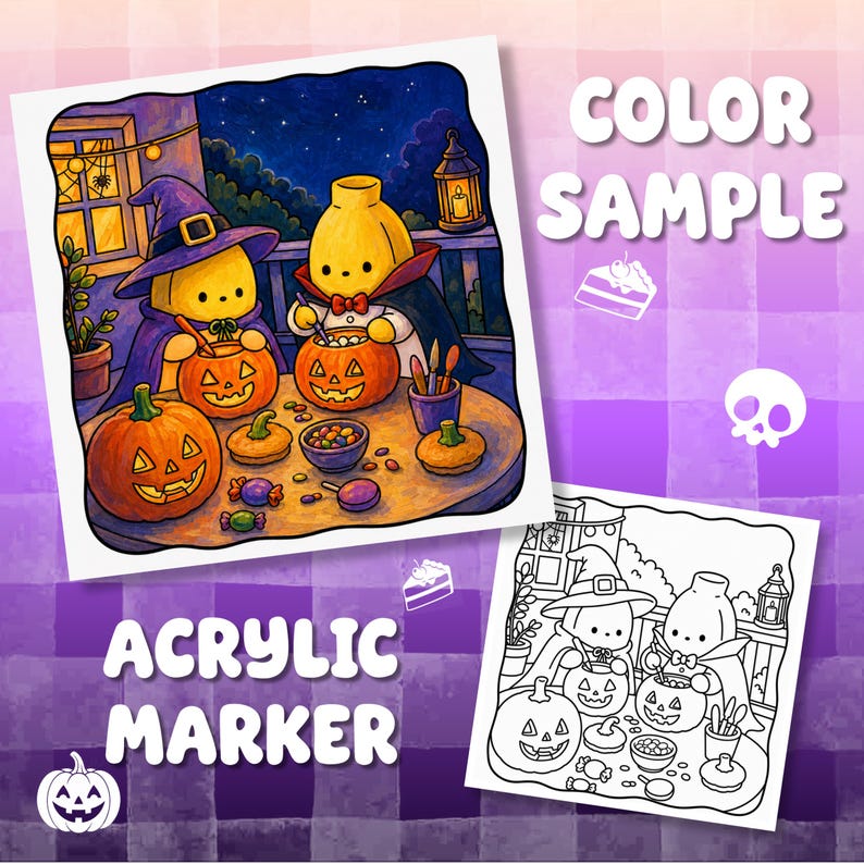 May include: A color sample and a black and white line art illustration featuring two yellow banana characters dressed in Halloween costumes, carving pumpkins on a table with candy, set against a night sky background with the text COLOR SAMPLE.
