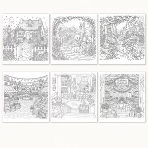 Peut inclure: Six pages de coloriage en noir et blanc avec des illustrations d&eacute;taill&eacute;es. Les sc&egrave;nes comprennent un cottage, un renard &agrave; une bo&icirc;te aux lettres, un sentier forestier, une place de ville, une salle de couture et une f&ecirc;te des r&eacute;coltes. Chaque page est carr&eacute;e.