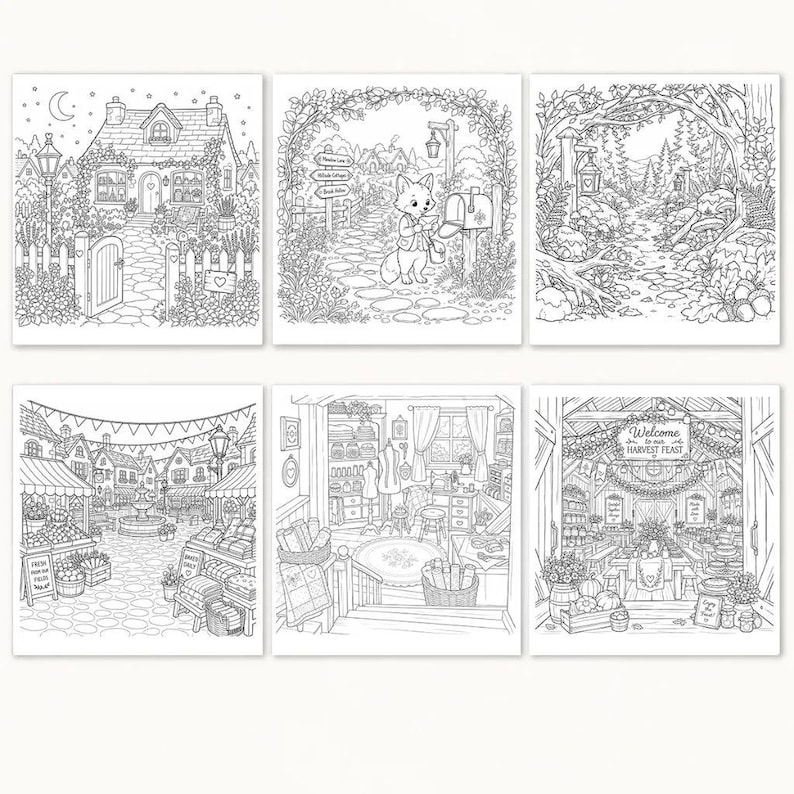 Peut inclure: Six pages de coloriage en noir et blanc avec des illustrations d&eacute;taill&eacute;es. Les sc&egrave;nes comprennent un cottage, un renard &agrave; une bo&icirc;te aux lettres, un sentier forestier, une place de ville, une salle de couture et une f&ecirc;te des r&eacute;coltes. Chaque page est carr&eacute;e.
