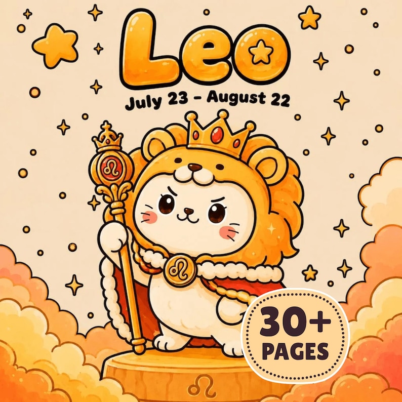 May include: A cartoon illustration of a lion wearing a crown and holding a scepter, representing the Leo zodiac sign. The image includes the text "Leo July 23 - August 22" and "30+ PAGES" on a light orange background with stars and clouds.