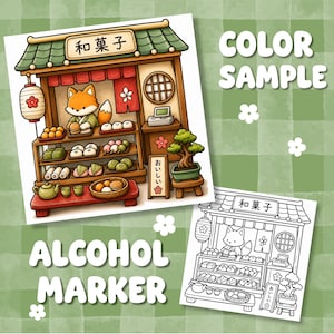 Puede incluir: Un set de colorear con una ilustraci&oacute;n a color y una versi&oacute;n en blanco y negro de una tienda de dulces japoneses atendida por un zorro. La tienda tiene un techo verde, un letrero con el texto 和菓子 y un peque&ntilde;o bons&aacute;i sobre un taburete.