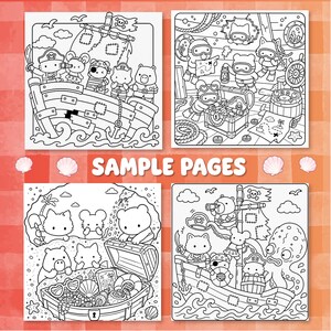 May include: Four black and white colouring book pages featuring cartoon animals in pirate and underwater themes. The illustrations include characters on a ship, scuba diving with a treasure chest, exploring a beach, and interacting with an octopus.