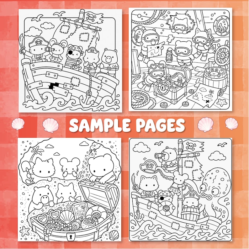 May include: Four black and white colouring book pages featuring cartoon animals in pirate and underwater themes. The illustrations include characters on a ship, scuba diving with a treasure chest, exploring a beach, and interacting with an octopus.