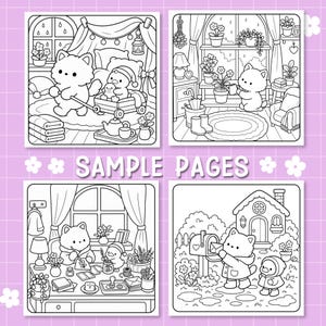 May include: Four black and white coloring book pages featuring line art illustrations of anthropomorphic animals in various settings, including a bedroom, a plant-filled room, a desk workspace, and an outdoor scene with a mailbox and house.