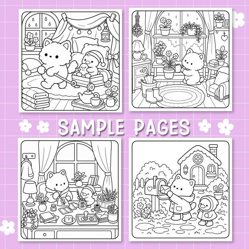 May include: Four black and white coloring book pages featuring line art illustrations of anthropomorphic animals in various settings, including a bedroom, a plant-filled room, a desk workspace, and an outdoor scene with a mailbox and house.