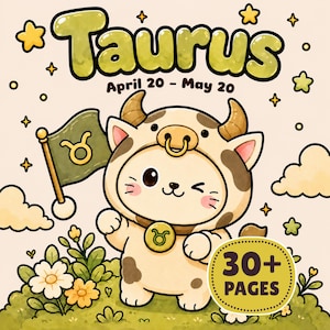 May include: A digital illustration of a Taurus zodiac character wearing a cow-patterned hood with horns and a nose ring. The image features the text Taurus, April 20 - May 20, and 30+ PAGES, alongside a green flag with a Taurus symbol.