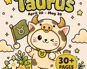 Livro de colorir imprimível do Gato de Touro, páginas kawaii do zodíaco para adultos e crianças, download instantâneo