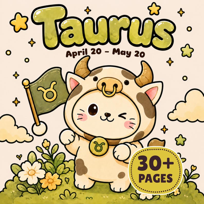 May include: A digital illustration of a Taurus zodiac character wearing a cow-patterned hood with horns and a nose ring. The image features the text Taurus, April 20 - May 20, and 30+ PAGES, alongside a green flag with a Taurus symbol.