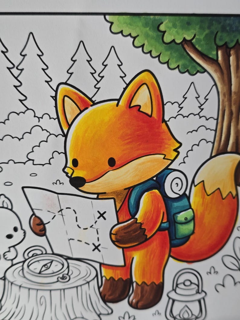 Puede incluir: Una ilustraci&oacute;n a color de un zorro naranja con una mochila azul que sostiene un mapa. El zorro est&aacute; en un bosque con una br&uacute;jula sobre un toc&oacute;n, una linterna y un animal peque&ntilde;o. El fondo muestra los contornos de varios &aacute;rboles.