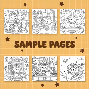 May include: A collection of six black and white coloring book pages featuring cartoon lions in various scenes. The text "SAMPLE PAGES" is displayed in the center. The pages are set against a yellow grid background with brown star accents.