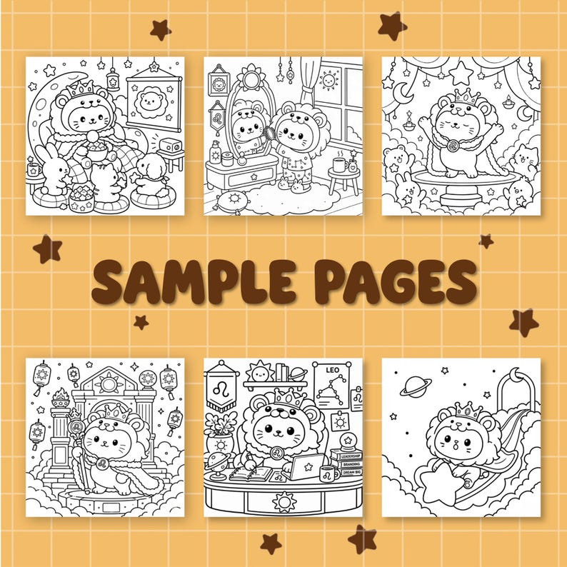 May include: A collection of six black and white coloring book pages featuring cartoon lions in various scenes. The text "SAMPLE PAGES" is displayed in the center. The pages are set against a yellow grid background with brown star accents.