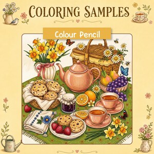 May include: A coloring page titled COLORING SAMPLES and Colour Pencil featuring a picnic scene with a teapot, teacups, a basket of scones, fruit, and flowers on a green cloth. The illustration includes a jar of jam, butterflies, and bees.