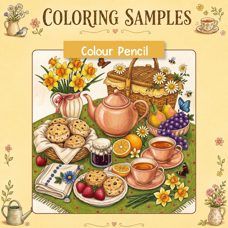 May include: A coloring page titled COLORING SAMPLES and Colour Pencil featuring a picnic scene with a teapot, teacups, a basket of scones, fruit, and flowers on a green cloth. The illustration includes a jar of jam, butterflies, and bees.