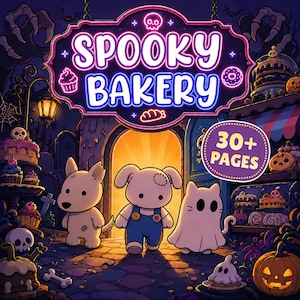 May include: A digital illustration titled Spooky Bakery with 30+ Pages featuring a neon sign, a dog, a rabbit in blue overalls, and a cat in a ghost costume. The scene includes cakes, cupcakes, skulls, and a jack-o'-lantern in a dark, festive setting.