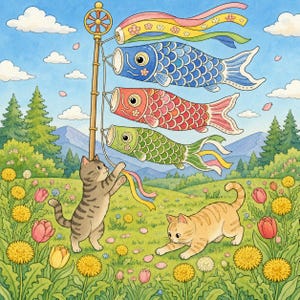 May include: A watercolor illustration featuring a gray tabby cat reaching for a colorful koinobori carp streamer pole, while an orange tabby cat plays nearby in a field of yellow dandelions and pink tulips under a blue sky.