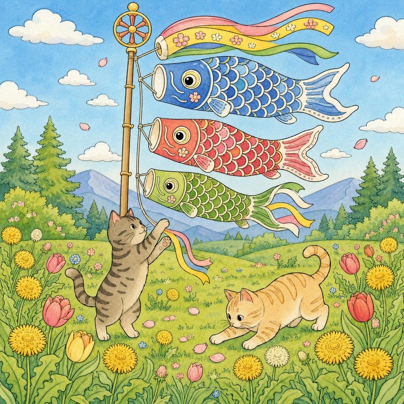 May include: A watercolor illustration featuring a gray tabby cat reaching for a colorful koinobori carp streamer pole, while an orange tabby cat plays nearby in a field of yellow dandelions and pink tulips under a blue sky.