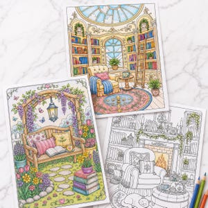May include: Three coloring book pages featuring detailed illustrations of cozy interior and exterior scenes. One shows a library with a domed ceiling, another a garden bench with flowers, and the third a fireplace with a cat.