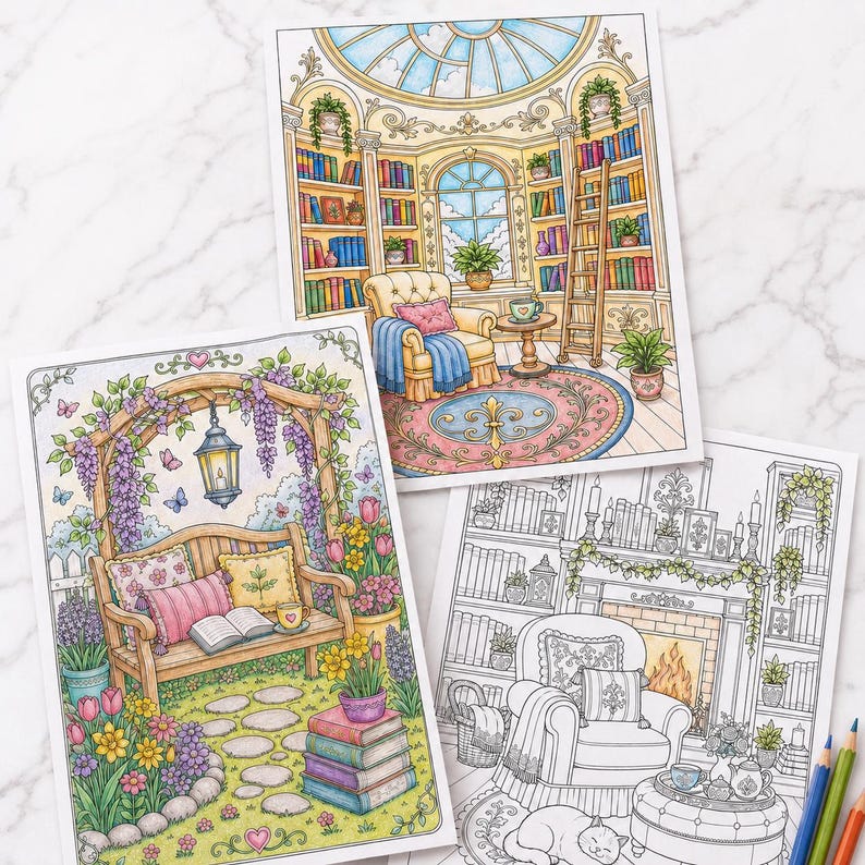 May include: Three coloring book pages featuring detailed illustrations of cozy interior and exterior scenes. One shows a library with a domed ceiling, another a garden bench with flowers, and the third a fireplace with a cat.