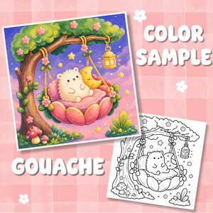 May include: A colour illustration and a black and white line art drawing featuring a white hedgehog sitting on a pink flower-shaped swing suspended from a tree. The scene includes a yellow crescent moon, a glowing lantern, and mushrooms. Text reads COLOUR SAMPLE and GOUACHE.
