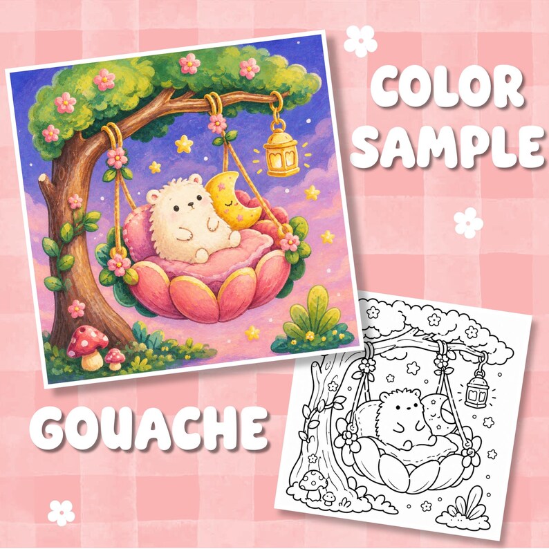 May include: A colour illustration and a black and white line art drawing featuring a white hedgehog sitting on a pink flower-shaped swing suspended from a tree. The scene includes a yellow crescent moon, a glowing lantern, and mushrooms. Text reads COLOUR SAMPLE and GOUACHE.