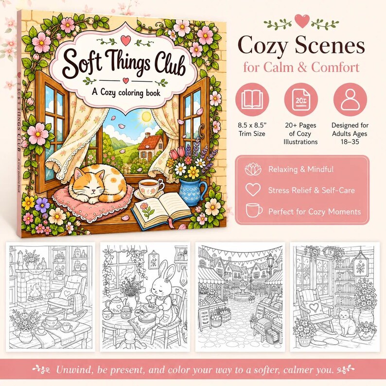 Peut inclure: Un livre de coloriage intitul&eacute; "Soft Things Club" avec le sous-titre "A Cozy coloring book". La couverture pr&eacute;sente une sc&egrave;ne chaleureuse avec un chat, une tasse de th&eacute; et des fleurs. Le livre mesure 21,6 x 21,6 cm et contient plus de 20 illustrations pour adultes de 18 &agrave; 35 ans.